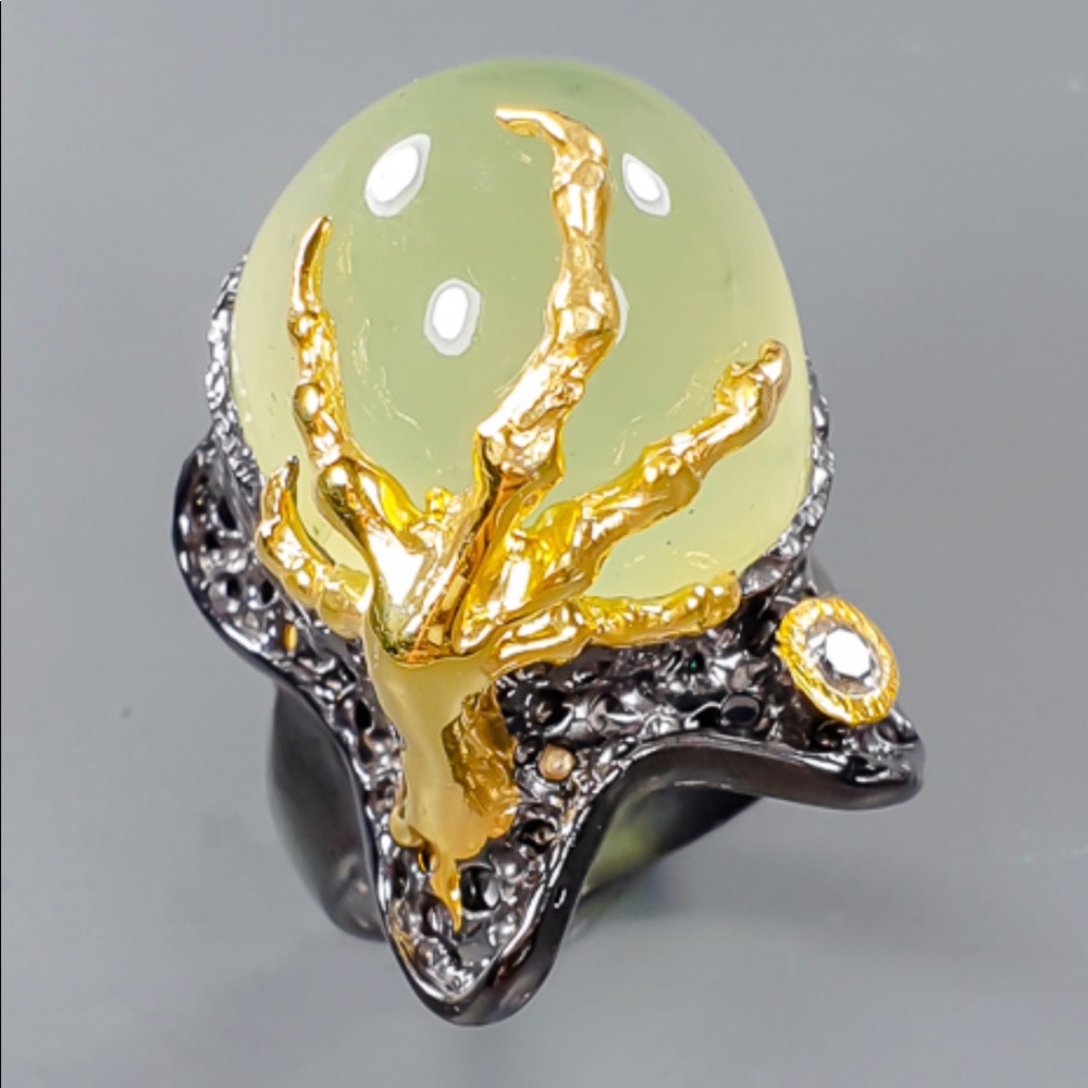 Fabulous Genuine Prehnite Ring With Topaz